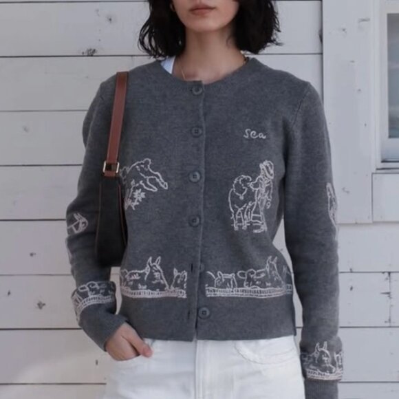 Classic Sea New York Edin Cardigan Small Gray Grey Knit Embroidered Wool - Picture 14 of 16